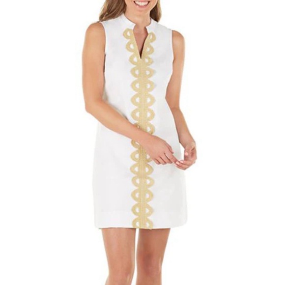 LN Mud Pie white cotton V neck shift dress w/gold embroidered embellishments. - Picture 1 of 4